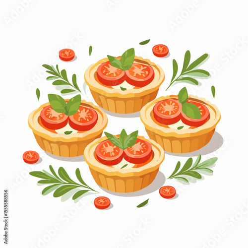 Delicious homemade savory mini tartlets with fresh tomato, cheese, and basil, isolated on a white background. Food illustration.