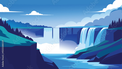 A scenic view of a waterfall with cliffs and cloudy blue sky landscape illustration
