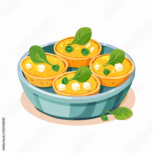 A delicious bowl of homemade mini egg quiches with spinach and feta cheese. Savory breakfast tartlets illustration.