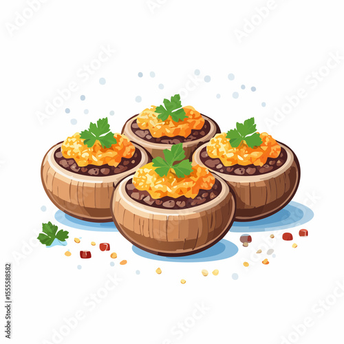 A delicious and healthy vegan appetizer featuring lentil stew in wooden bowls, topped with carrot puree and fresh parsley.