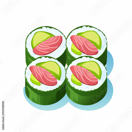Set of four fresh tuna and avocado maki sushi rolls. Vector illustration of traditional Japanese food isolated on white background.