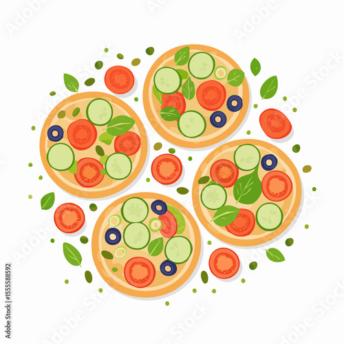 Vector illustration of four mini vegetarian pizzas with fresh tomato, cucumber, and basil toppings. A healthy and delicious meal concept.
