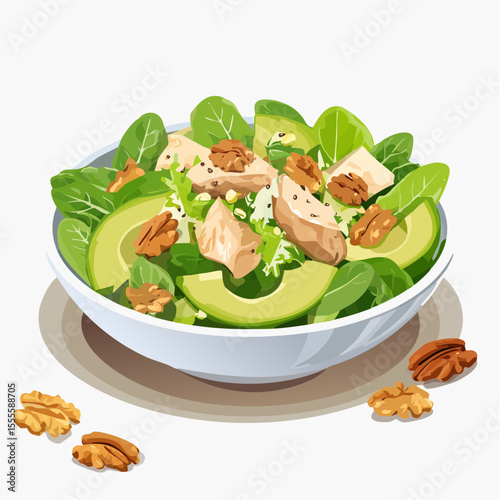 Fresh and healthy chicken salad bowl with avocado, spinach, and walnuts. Nutritious meal concept for a balanced diet, vector illustration.