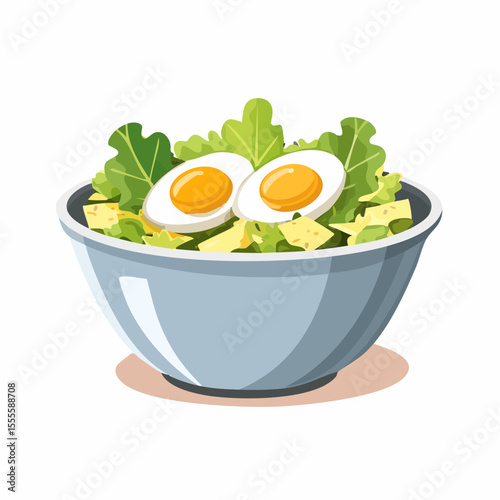 A fresh green salad with hard-boiled eggs and avocado in a ceramic bowl. A concept for healthy eating, nutritious meals, and balanced diets.