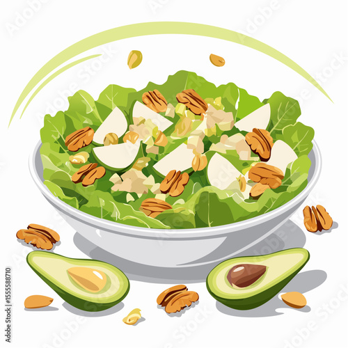 Fresh and healthy green salad with avocado, pecans, and apple in a bowl, a nutritious vegetarian meal concept