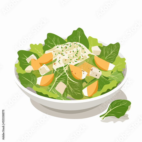 Vector illustration of a fresh green salad in a bowl with fruit, cheese, and a creamy dressing. Concept of healthy eating and a nutritious meal.