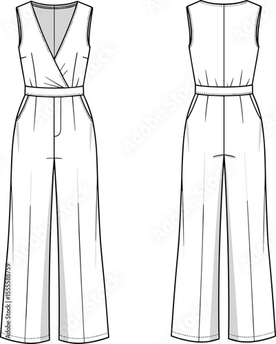 Modern women’s jumpsuit fashion template, sleeveless wide leg design, CAD flat sketch, stylish apparel drawing, vector fashion illustration