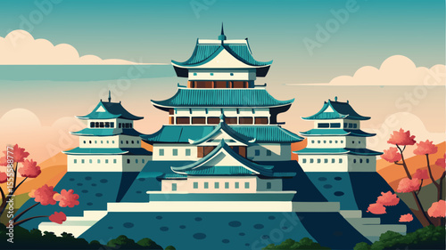 A stylized depiction of a traditional japanese architecture landscape illustration