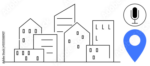 Outline of urban buildings underlined by a microphone and blue location marker. Ideal for navigation, communication, technology, urban living, collaboration, search, minimalism. Simple landing page