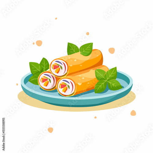 Fresh Vietnamese spring rolls with colorful vegetables and mint garnish on a plate. A healthy Asian cuisine vector illustration.