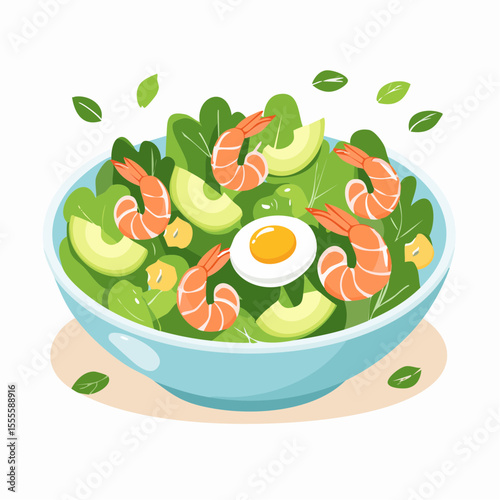 Healthy green salad with shrimp, avocado, and a boiled egg in a blue bowl. Nutritious seafood meal concept illustration.