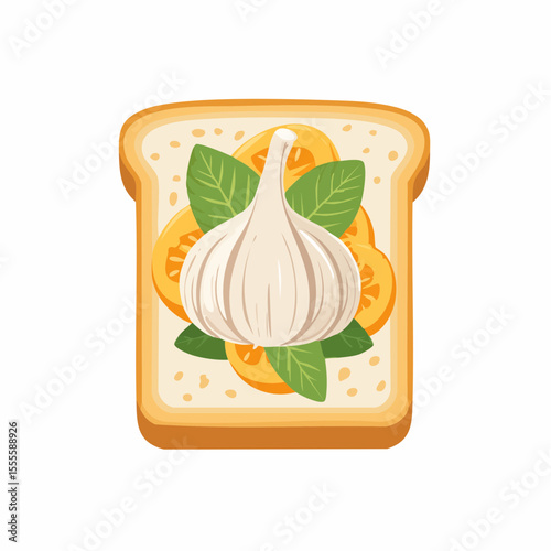Vector illustration of a healthy toast sandwich with fresh garlic, yellow tomato slices, and green basil leaves.