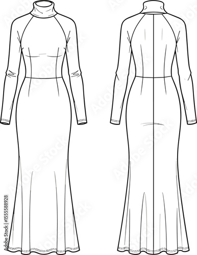 Fashion technical sketch, bodycon maxi dress front and back, long sleeve, high neck, CAD drawing, vector flat design illustration
