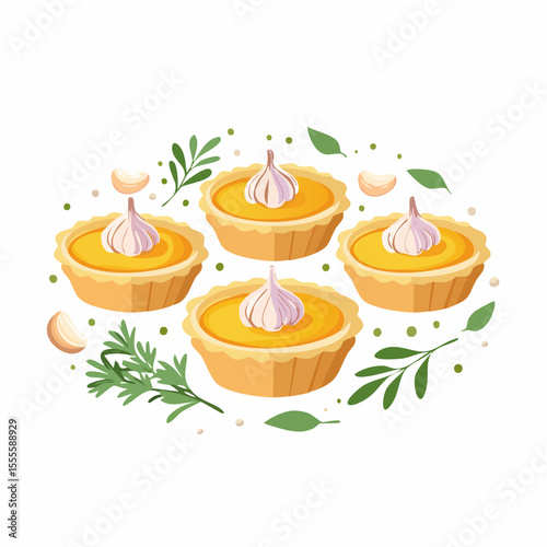 A set of four savory garlic tarts with creamy filling, decorated with fresh herbs like rosemary and garlic cloves