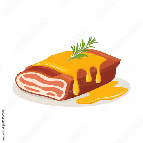 Savory bacon-wrapped meat roast with melted cheese sauce and a sprig of rosemary. A delicious homemade gourmet meal illustration.