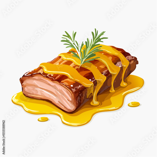Gourmet illustration of succulent roasted pork ribs, drizzled with a savory yellow sauce and garnished with fresh rosemary.