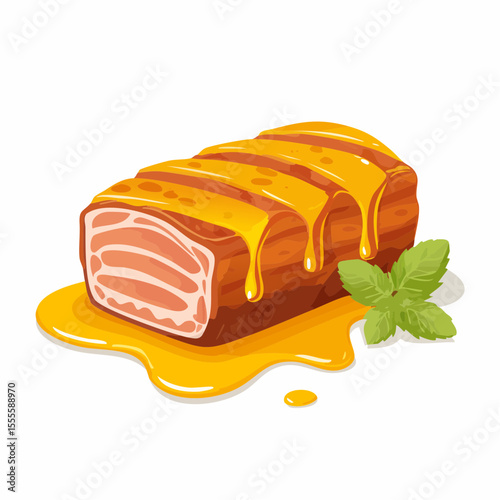 Savory sliced pork belly roast with a dripping honey glaze sauce. A gourmet meat dish illustration with a fresh mint garnish, isolated on a white background.