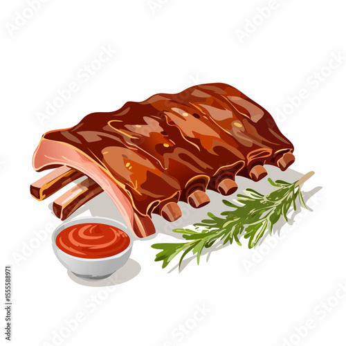 A delicious rack of grilled barbecued pork ribs with a side of dipping sauce and fresh rosemary garnish.