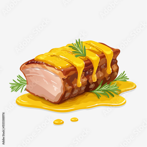 Succulent roasted pork loin illustration with a rich yellow sauce and fresh rosemary garnish, a delicious gourmet meat dish concept.
