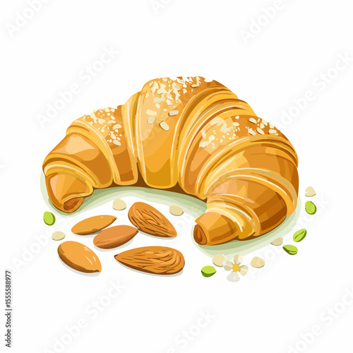 A freshly baked golden croissant topped with flaked almonds, surrounded by nuts and blossoms on a white background.