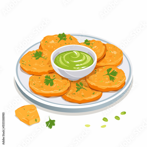 A delicious platter of savory vegetable fritters or pancakes, served with a fresh green herb dipping sauce, representing a tasty homemade food appetizer.