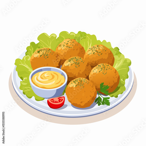 Golden fried cheese balls appetizer with a creamy dipping sauce, served on a plate with fresh lettuce and tomato garnish.