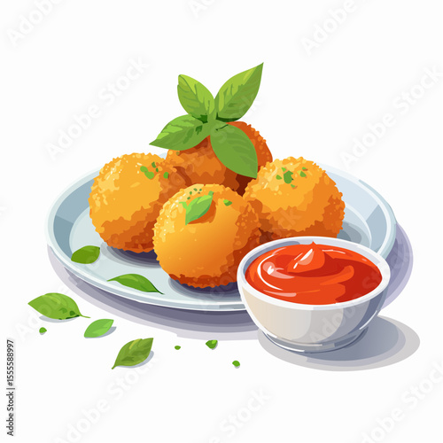 Savory fried risotto balls, a classic Italian appetizer, presented with a vibrant red tomato dip and fresh basil leaves on a white plate.