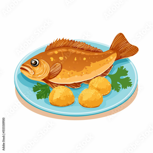 Golden fried whole fish served on a blue plate with round fritters and a fresh parsley garnish, a gourmet seafood meal concept