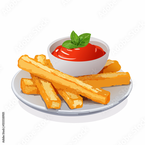 Crispy fried polenta sticks served on a white plate with a side of red tomato dipping sauce and fresh basil.