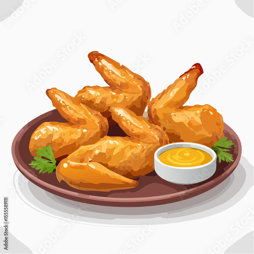 A plate of crispy golden fried chicken wings served with a yellow dipping sauce, a delicious appetizer illustration.