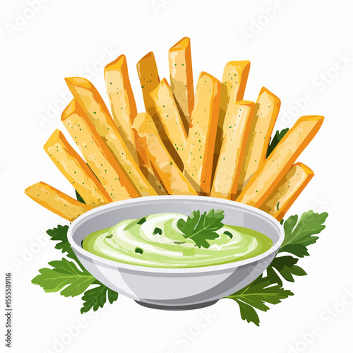 Golden french fries served with a creamy green herb dipping sauce. An isolated illustration of a classic appetizer snack.