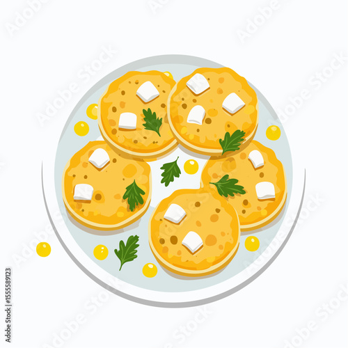 A top view illustration of a plate with savory pancakes or corn fritters, garnished with cheese cubes and fresh parsley.