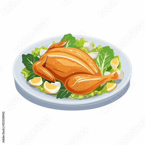 Gourmet roasted chicken dish with fresh greens, lemon, and eggs served on a white platter for a festive dinner.