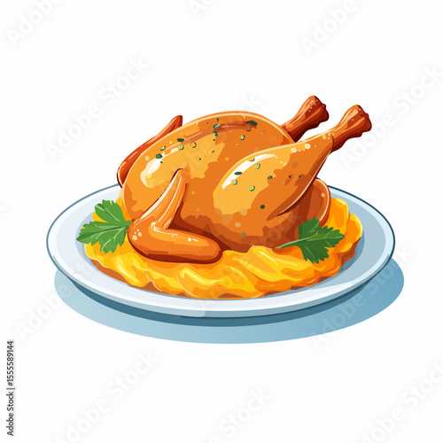 Golden brown roasted chicken illustration served on a platter with garnish, perfect for a festive holiday meal or family dinner