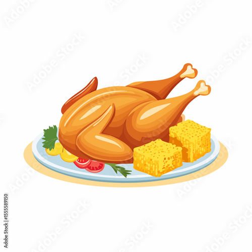 Golden roasted whole chicken served on a platter with cornbread for a traditional holiday celebration feast.