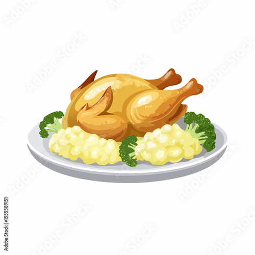 A delicious whole roasted chicken served on a plate with mashed potatoes and broccoli, a traditional homemade dinner illustration