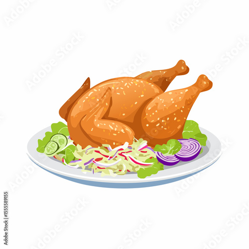 Golden roasted whole chicken on a platter with fresh salad, cucumber, and onion garnish. Festive holiday dinner illustration.