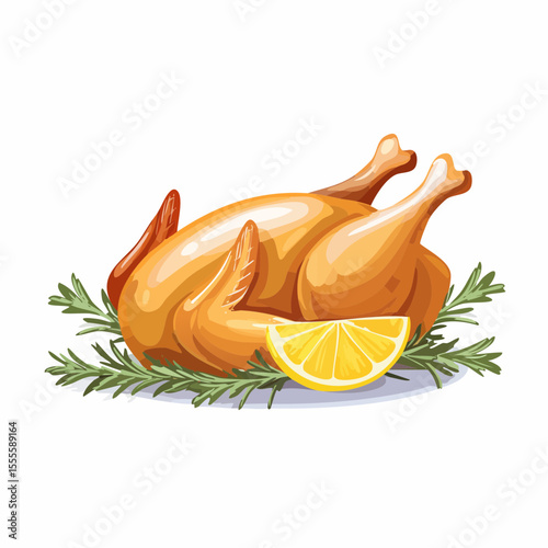 Savory whole roasted chicken with golden-brown skin, garnished with rosemary herbs and a fresh lemon slice