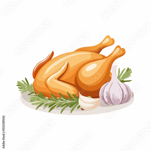 Delicious roasted chicken with garlic and rosemary, a traditional festive meal illustration for holiday dinners.