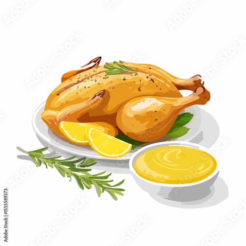 Savory whole roasted chicken with fresh rosemary, lemon slices, and dipping sauce. Isolated vector graphic.