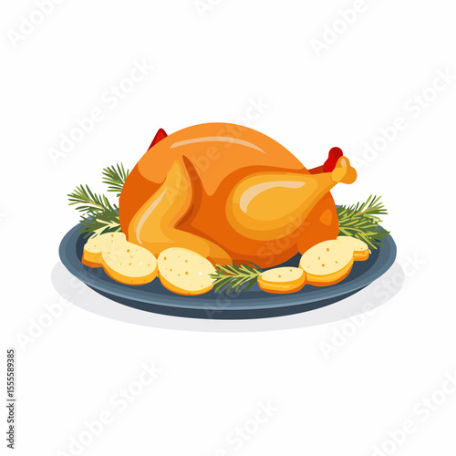 Festive roasted turkey with potatoes and herbs served on a platter. Traditional holiday meal illustration for festive occasions.