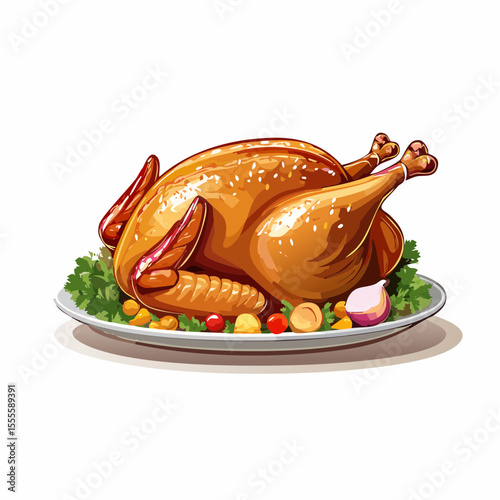 Golden roasted turkey on a platter with fresh vegetable garnish. A festive holiday meal illustration isolated on a white background.