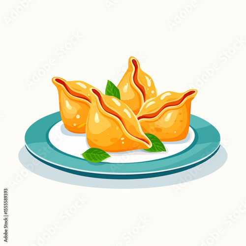 A serving of golden baked samosas or savory pastries on a blue plate, garnished with fresh mint. A delicious appetizer concept.