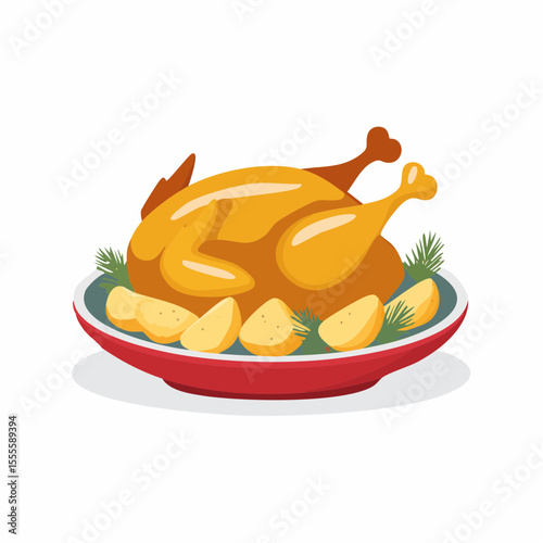 Delicious roasted chicken with potatoes and dill on a platter. Traditional festive holiday dinner concept vector illustration.