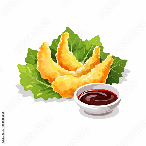 Crispy fried chicken tenders appetizer with a savory dipping sauce. Vector illustration of a popular fast food meal on a white background.