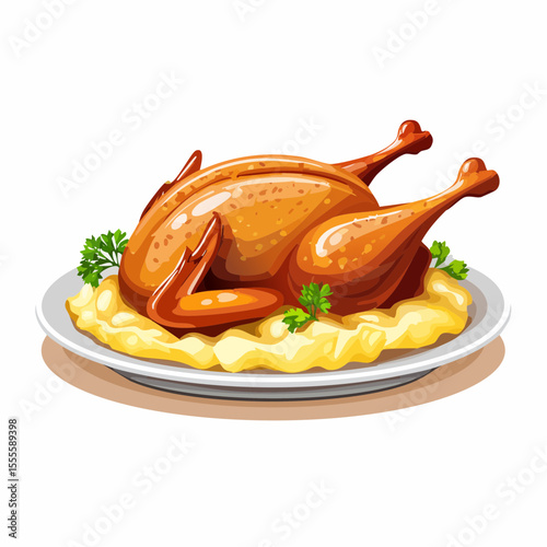 Traditional roasted chicken dinner on a plate with mashed potatoes and parsley garnish, a festive holiday meal illustration.