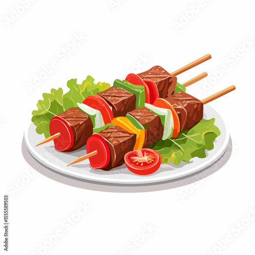 Delicious grilled beef skewers with bell peppers and onions, a classic shish kebab meal served on a plate.