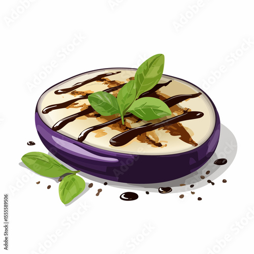 A delicious slice of grilled eggplant topped with fresh basil leaves and a savory balsamic glaze, a perfect gourmet vegetarian appetizer.