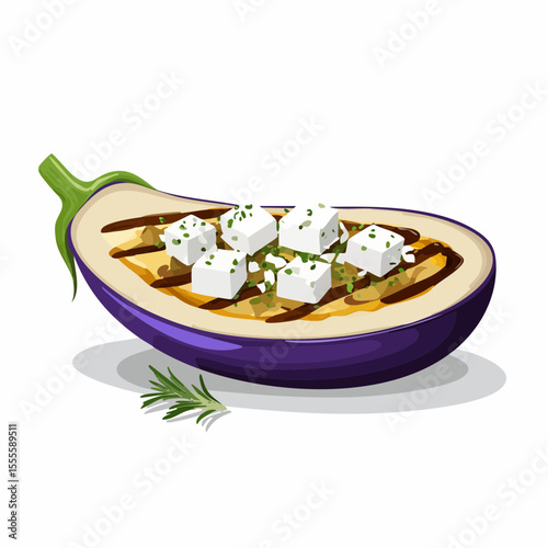 Gourmet baked eggplant appetizer with feta cheese and fresh herbs, isolated vector illustration.