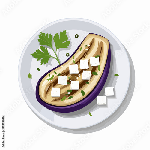 Grilled half eggplant topped with feta cheese and fresh parsley, served on a white plate. Vector food illustration.